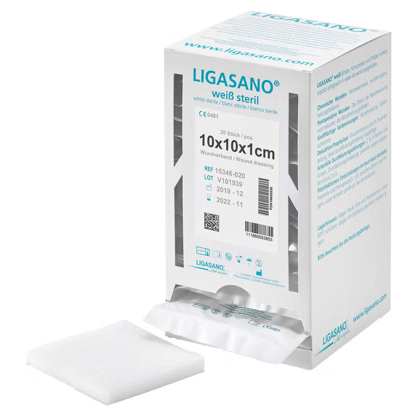 LIGASANO weiß Verband 1x10x10 cm steril Spenderbox - 20 Stück